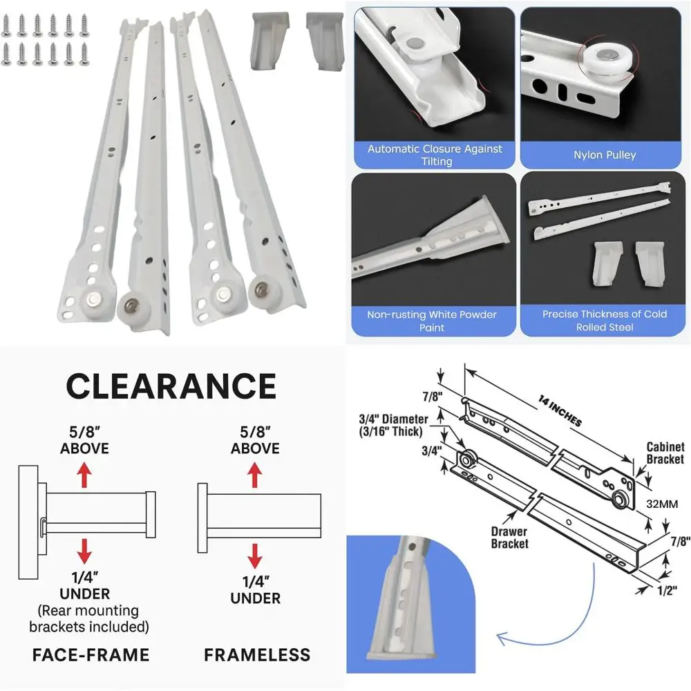 

Heavy Duty 14 Inch Euro Slides, 20 Pack, Suitable for Face-Frame and Frameless Cabinets, 75lbs Capacity, Cold Rolled Steel, Powd