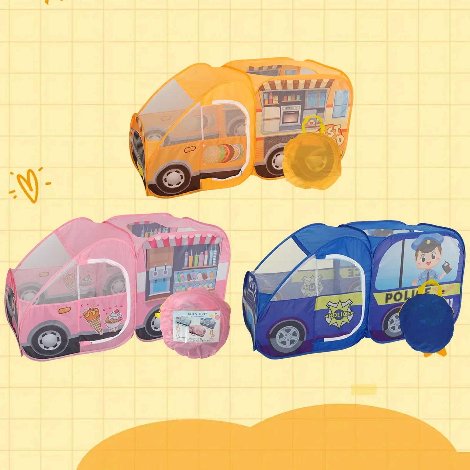 Tenda da gioco per camion da cibo per bambini con custodia, tende per auto da gelato per auto da polizia pop-up Tenda per bambini portatile Giocattolo pieghevole per giochi di ruolo