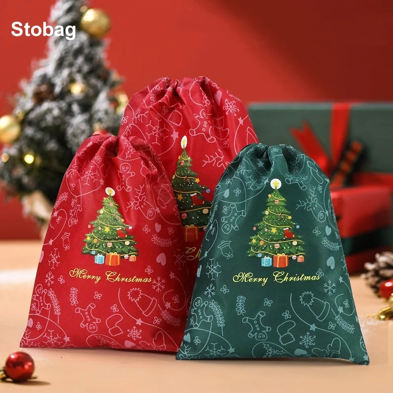 

StoBag 5pcs Merry Christmas Gift Drawstring Bags Non-woven Fabric Large Storage Packaging Child Kids Pocket Pouches Party Favors