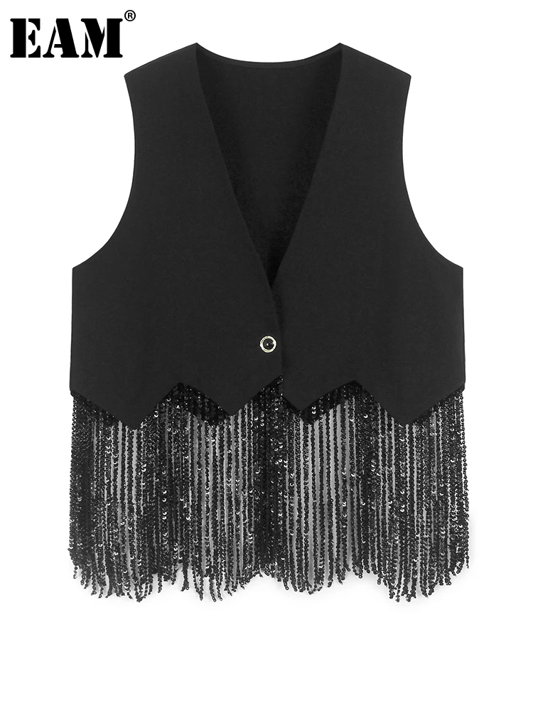 [EAM] mujeres negro lentejuelas borlas Irregular tamaño grande elegante chaleco nuevo cuello en V sin mangas moda tendencia primavera otoño 2025 1DJ382