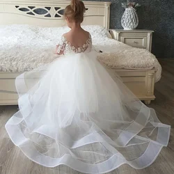 Custom V Back Lace Bow Removable Tail Flower Baby Girl Dress for Wedding Party Little Children Wedding First Communion Gown