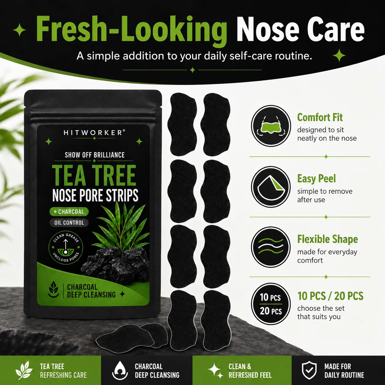 10/20Pcs Black Blackhead Remover Nose Strips, Deep Pore Cleansing Oil Control Nose Mask Patches, Unisex Facial Skin Care Supplie view 2