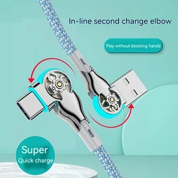 180 Degree Fast Charging Cable  Elbow Rotation USB A to Type C Cable with Light Zinc Alloy Braided Data Cable USB Micro Charger
