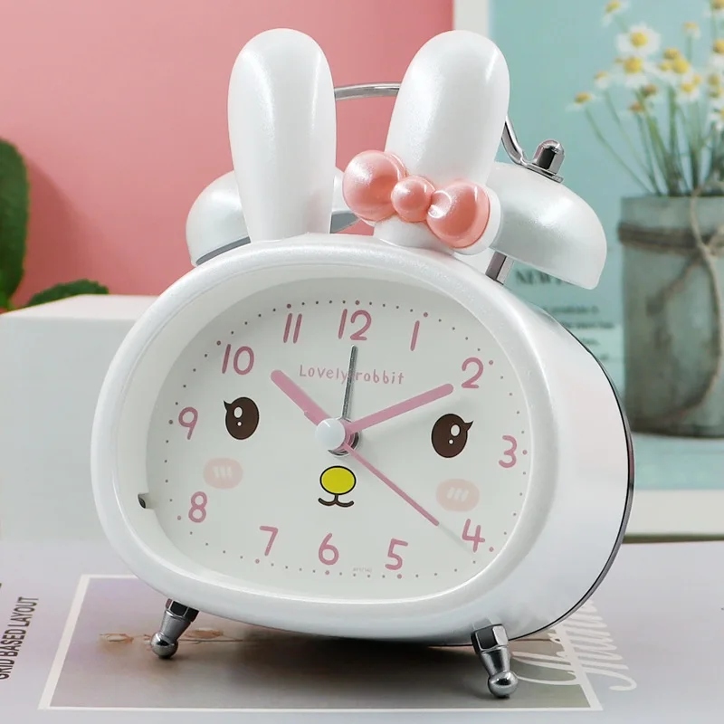 Student Cartoon 3-inch Little Rabbit Pink Silent Cartoon Metal Outer Ring Alarm Clock Manufacturer Direct Sales