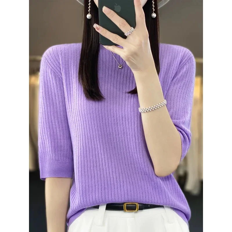 Spring and summer new fashion short sleeve cashmere women's sweater 100% pure merino wool O-neck pullover T-shirt