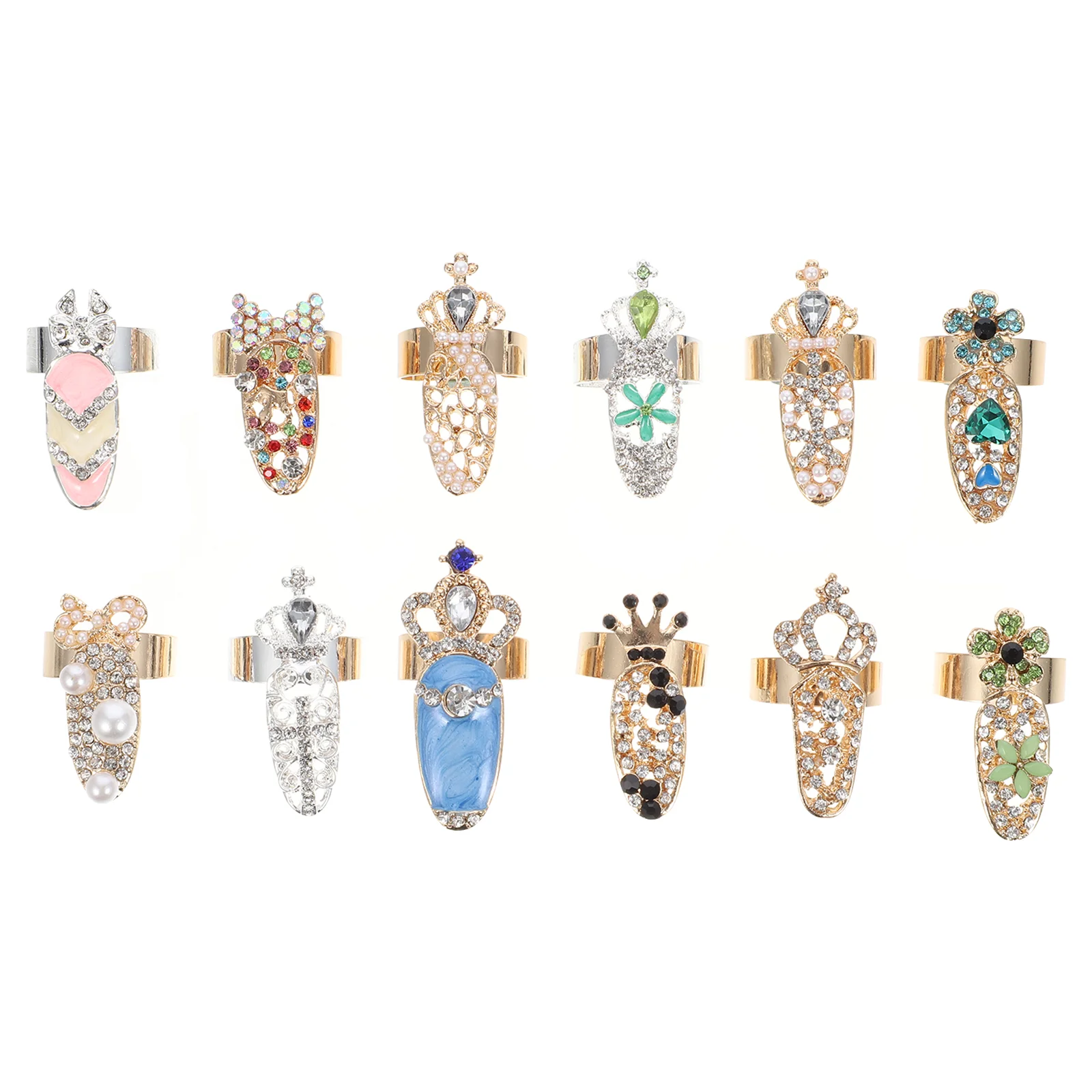 

12 Pcs Nail Set Ring Jewelry Full Finger Rings for Women Fingertip The Manicure Knuckle Charms Rhinestones