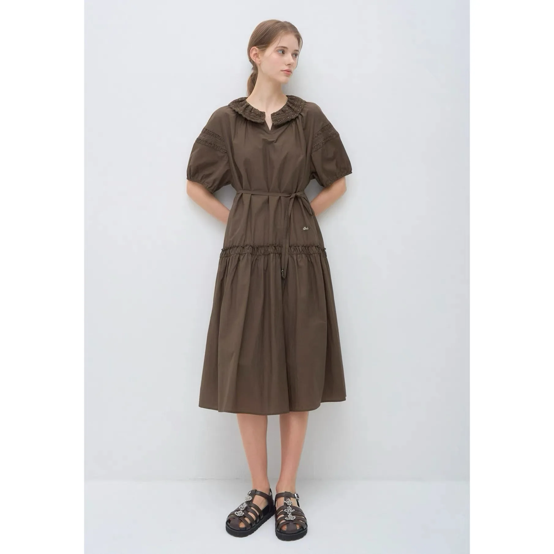

Elegant Lemon Cheese Long Skirt with Lace Bubble Sleeve And Waist Belt Commute Style Loose Fit Short Sleeve Midi Dress