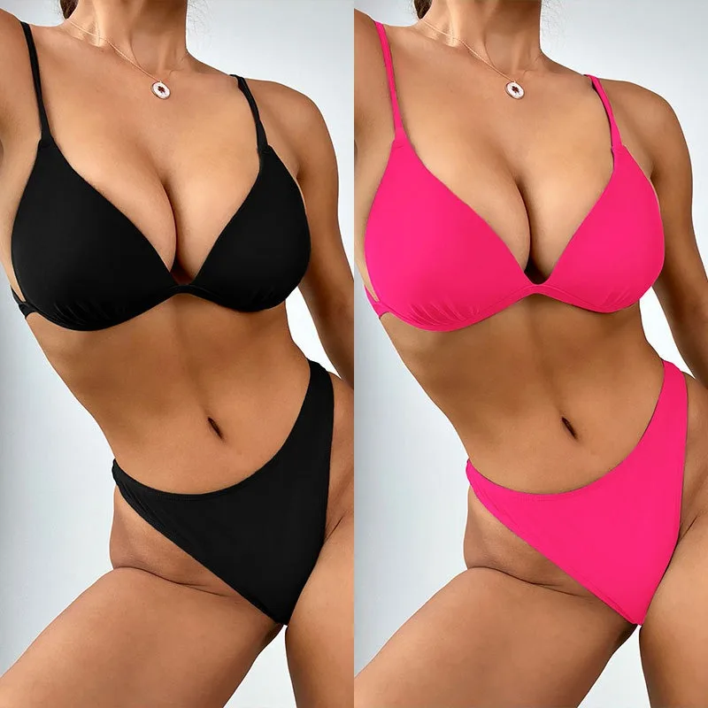 Bañador Sexy de copa triangular para mujer, traje de baño dividido de Color sólido, Bikini con abertura alta, cinturón elástico alto, almohadilla para el pecho sin soporte de acero