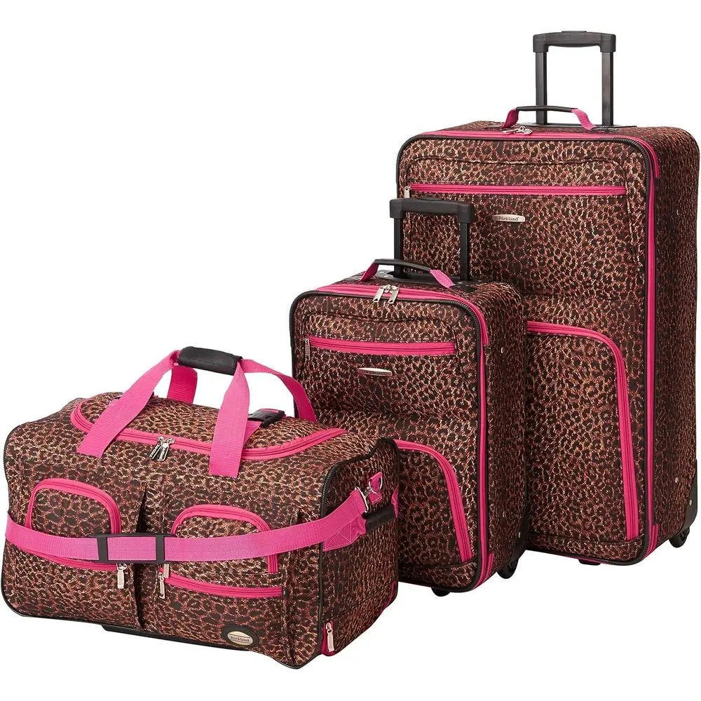 

3 Piece Expandable Upright Luggage Set, 20/28/22 Rolling Duffle, Pink Leopard Pattern