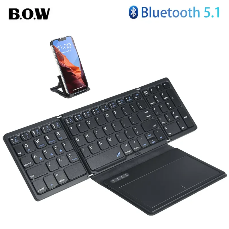 BOW Foldable Bluetooth Mobile Phone Keyboard Folding Portable Wireless Keyboard with Big touchpad Keyboard for Smartphone