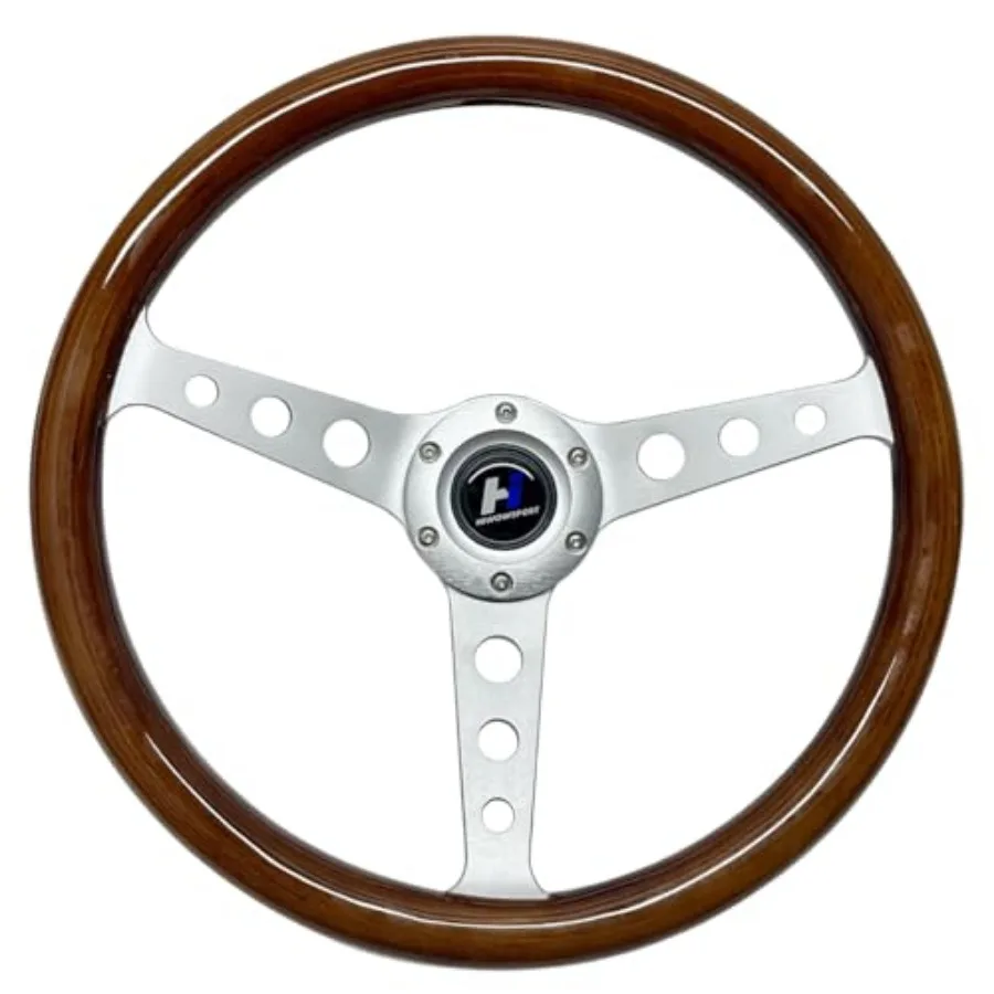 

14inch Universal Classic Wood Grain Steering Wheel Brushed 3 Spoke 1.5inch Depth Steering Wheel with Horn Button 6 bolts