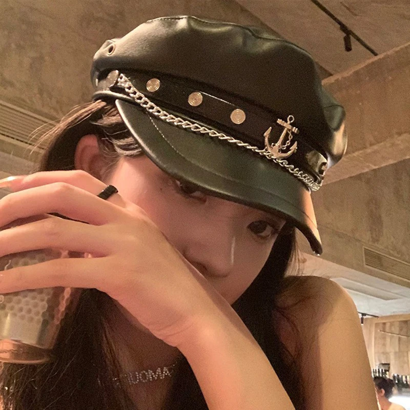 Retro British Style Berets Female Korean Pu Leather Casual Cap Boat Anchor Chain Link Rivet Decoration Japanese Octagonal Caps view 3