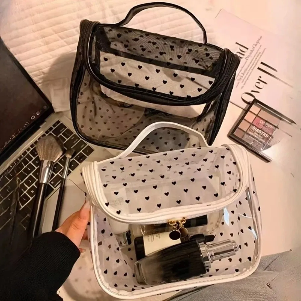 

Portable Large Capacity Mesh Makeup Bag Heart Pattern Zipper Cosmetic Bag Transparent Toiletry Bags Travel