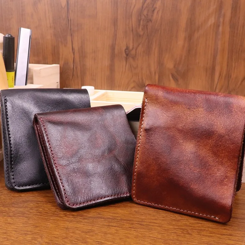 Dompet kulit asli pria, dompet kulit kuda gila, tas kartu, dompet gaya Jepang Retro sederhana