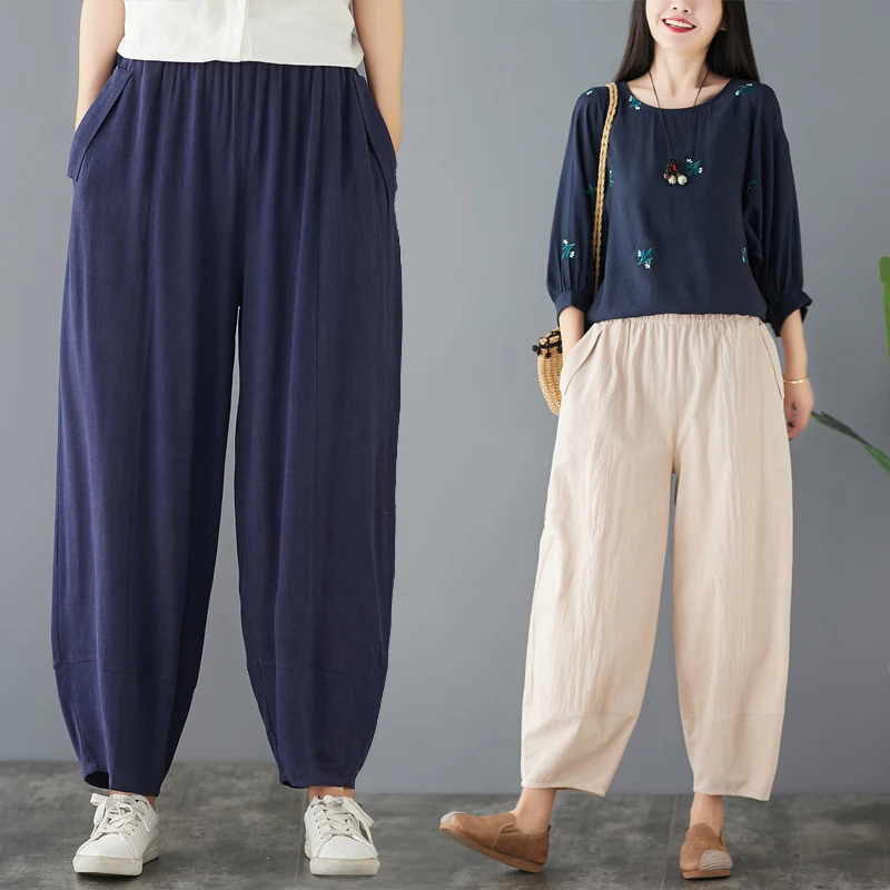 

Широкие повседневные брюки с высокой талией, свободные льняные брюки Харлан с талией, большие размеры, винтажные свободные удобные осенние фиолетовые брюки с манжетами