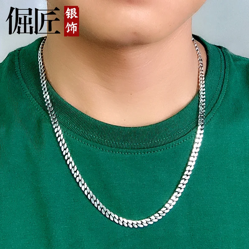 Chain925Silver Men's Necklace Retro Domineering Cuban Link Chain Necklace for the Boss Simple Trendy Horsewhip Chain Thin Short