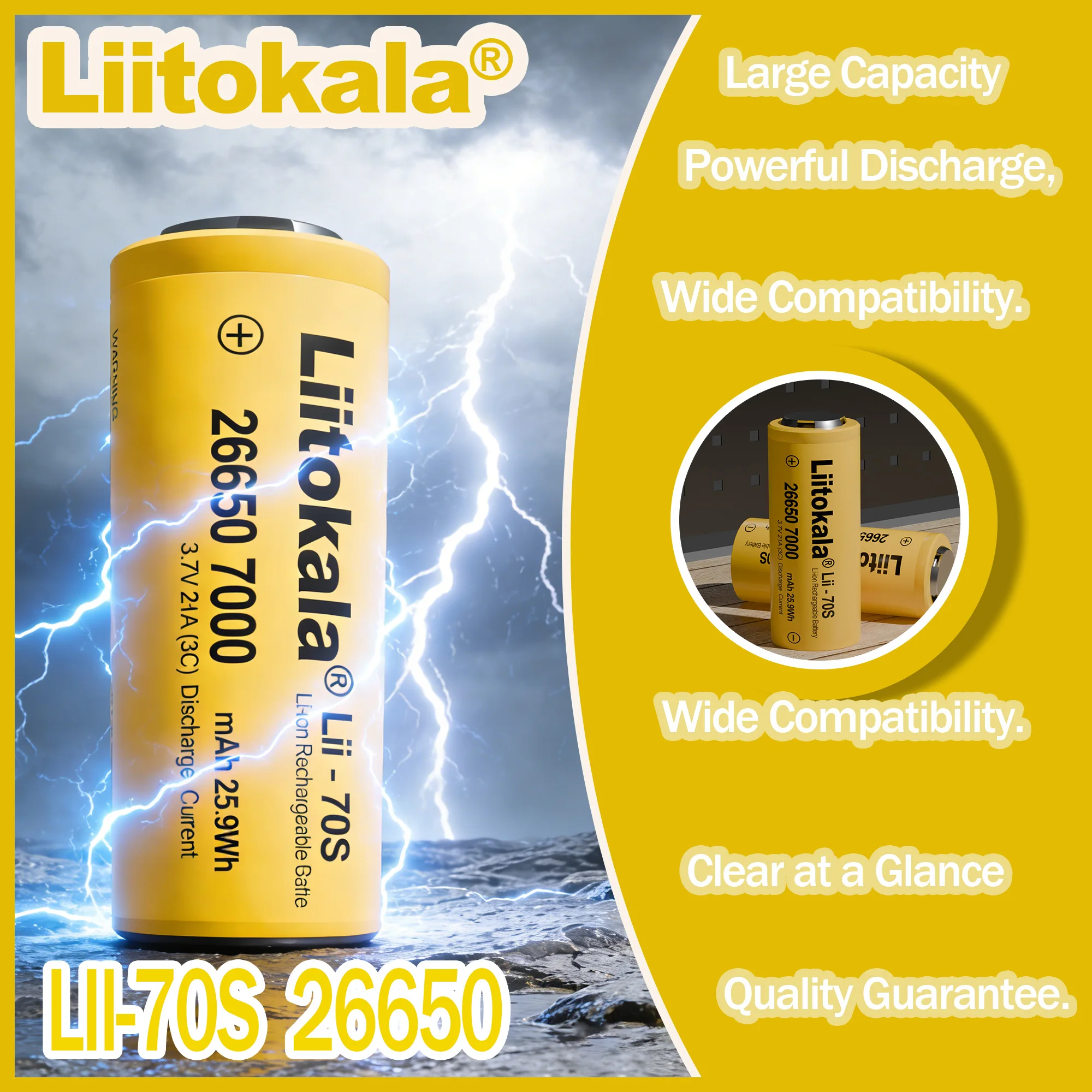 LiitoKala LII-70S-JT 26650 3.7V 7000mA 35A power Rechargeable lithium battery 26650 Suitable for Flashlight batteries