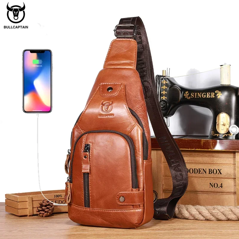 BULLCAPTAIN Leather Men\'s Chest Pocket One Crossbody Bags With USB Rechargeable Chest Bag Can Be Used For 7.9 Inch IPai Pockets