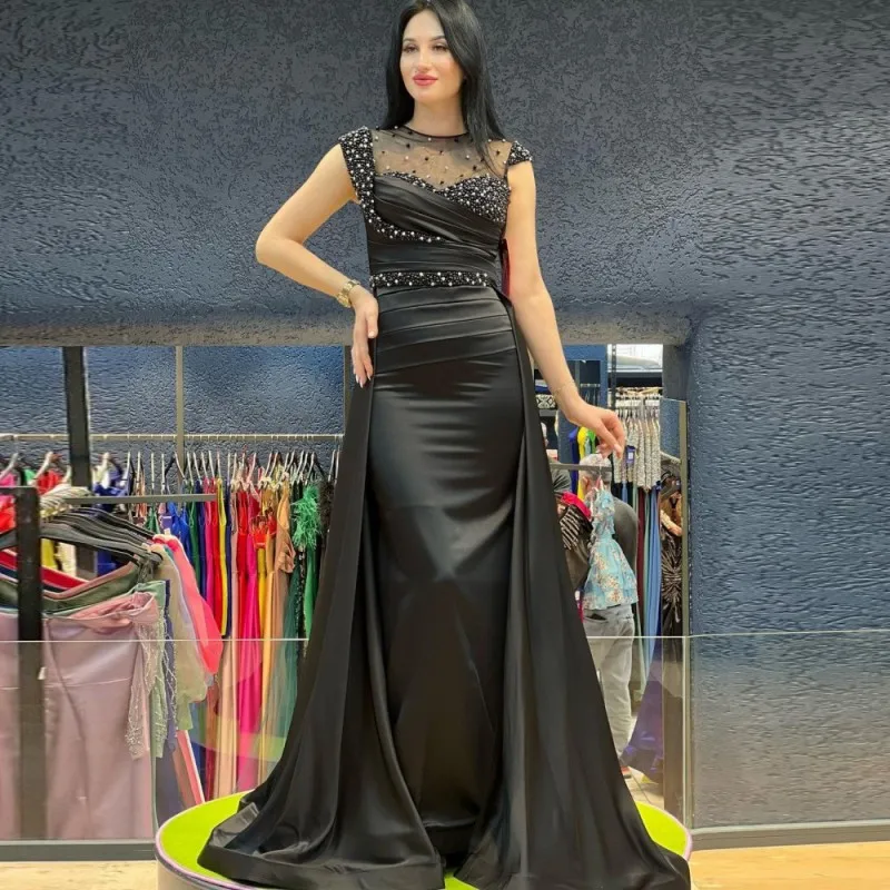 Vestido De noche elegante para mujer, prenda De satén con cuentas De sirena y cuello redondo, color negro y verde, estilo árabe, Dubái