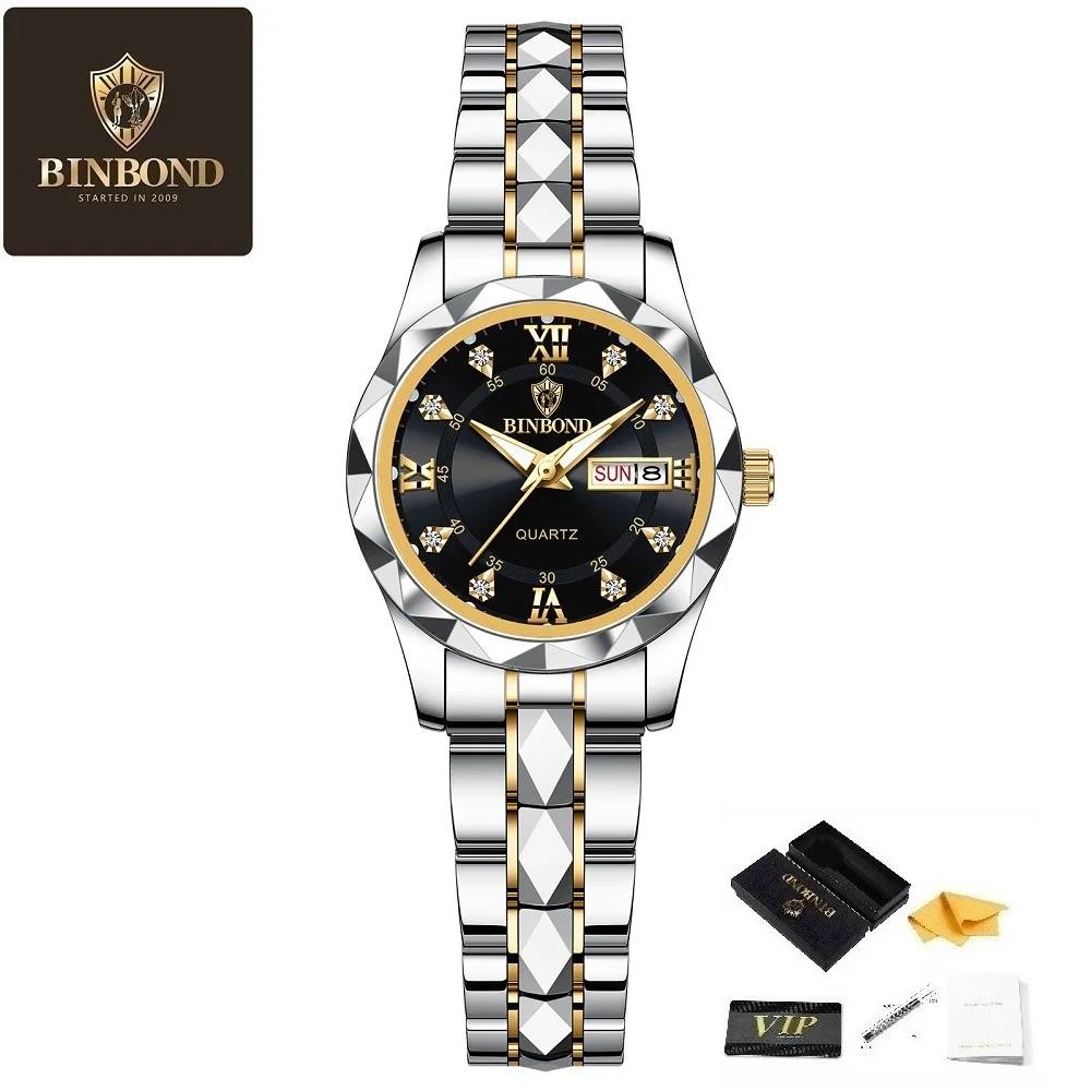BINBOND Women's Watch Fashionable and Trendy Night Light Waterproof Watch Display Date and Wee Women's Light Luxury Quartz Watch