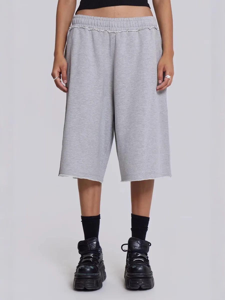 Women Gray Baggy Jogger Shorts Y2K Casual Wide Leg Sport Shorts Oversized Basic Fashion Jogger Short Pants Streetwear