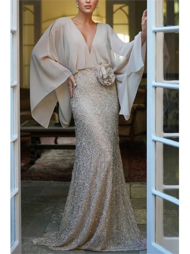 Gonna elegante a coda di pesce con paillettes da donna Nuova moda fiore scollo a V tinta unita gonna lunga a vita alta abito da sera per banchetti