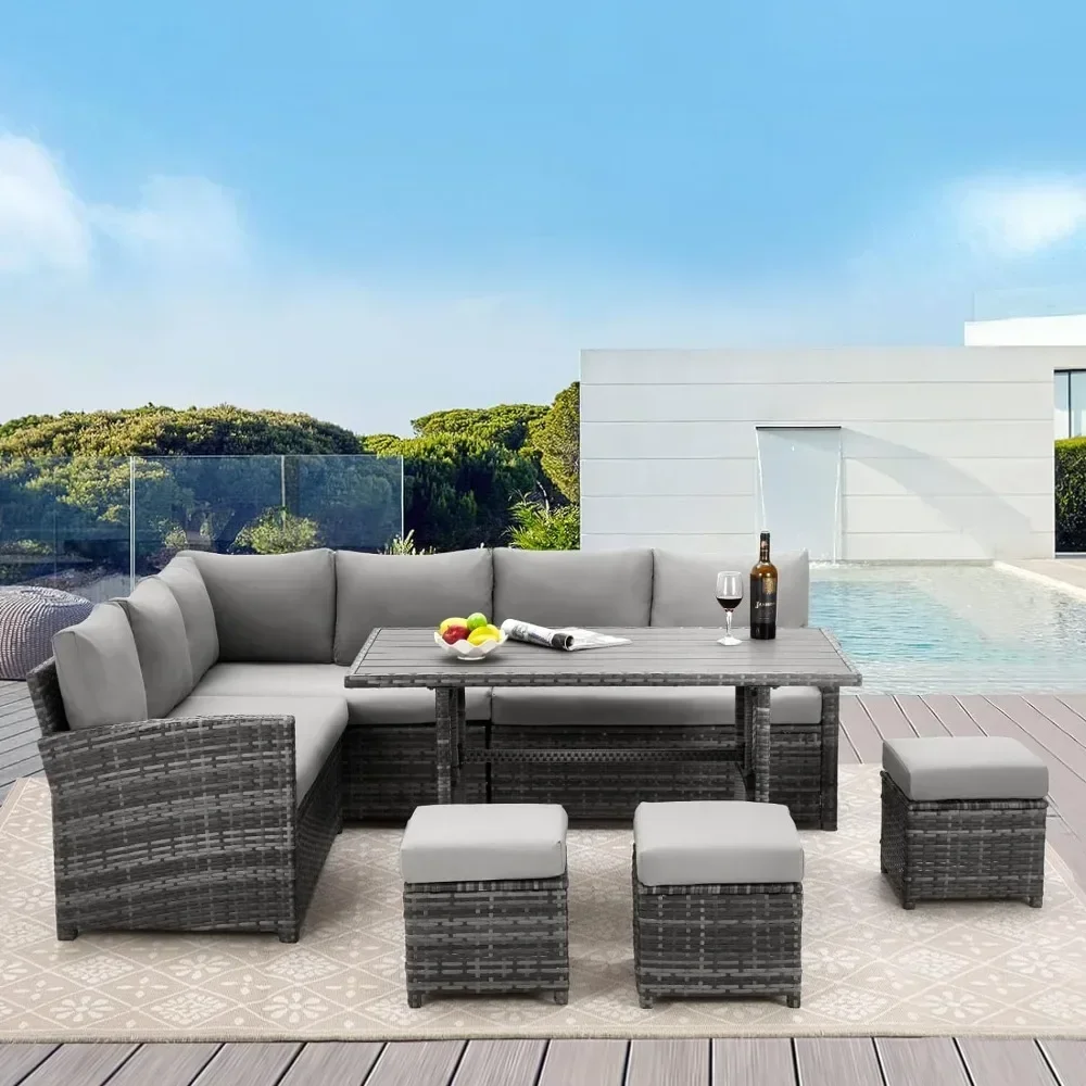 Outdoor Furniture 7 Piec Set, All Weather Sectional Sofa Conversation Set, Wicker Rattan Couch Diner Table & Chair with Ottoman