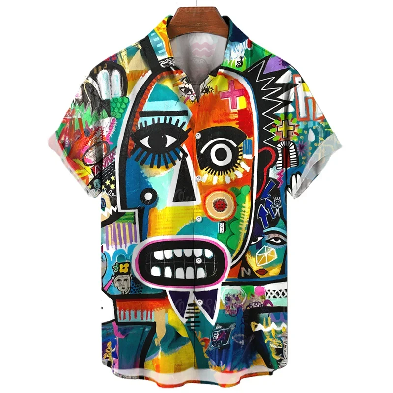 Abstract Face 3d Print Shirt For Men Summer Art Painting Graphics Short Sleeved Hawaiian Shirt Lapel Blouse Tops Street Clothing