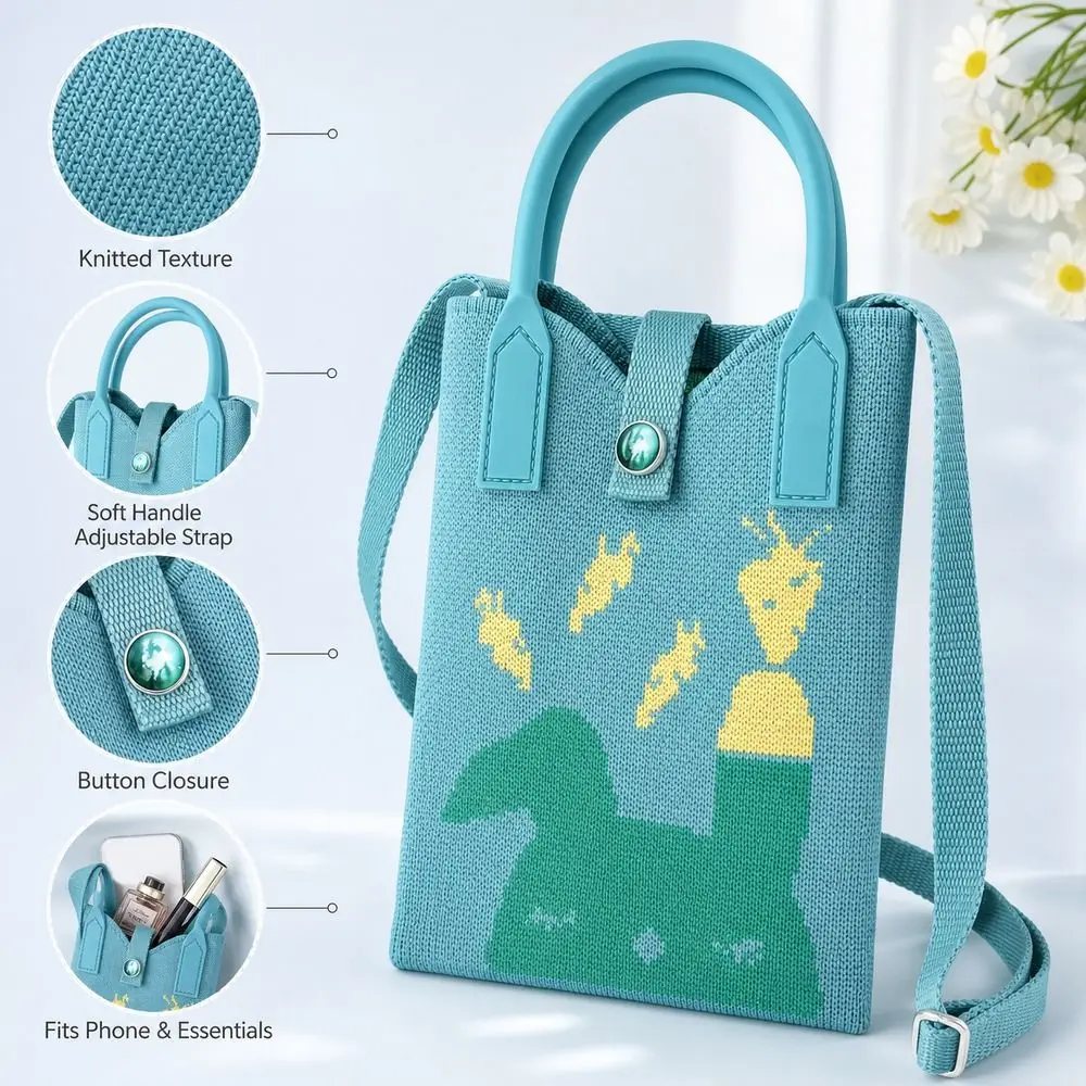 Geschenke Polyesterfaser Gestrickte Handytasche Cartoon Einhand-Handy-Aufbewahrungstasche Gestrickte Tragbare Schultertasche Umhängetasche – Detail 9