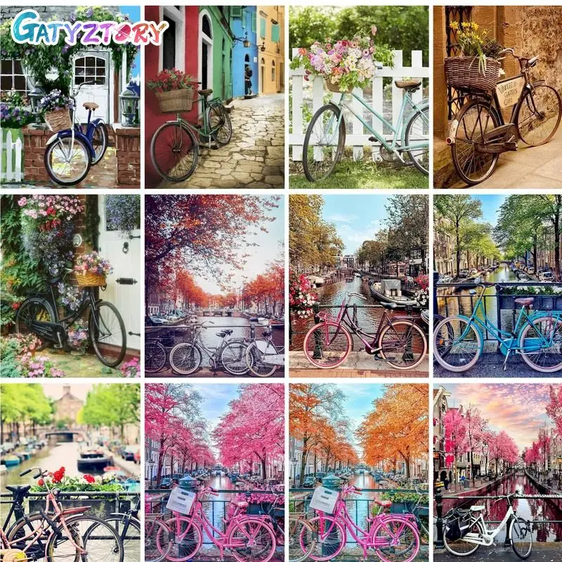 

GATYZTORY 40X50cm Painting By Numbers Bicycle Street Scenery For Adults Gift Artwork Picture Paint Wall Art Canvas Painting Flow