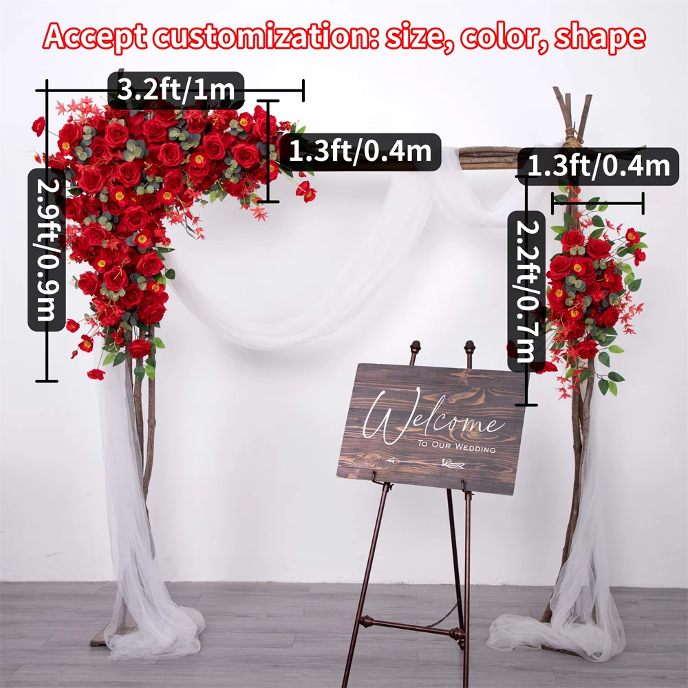 Red Rose Wedding Floral Runner Arrangement Event Backdrop, Fleur Artificial Decoration Props, Silk, Triangular Flower Row, 3.2ft