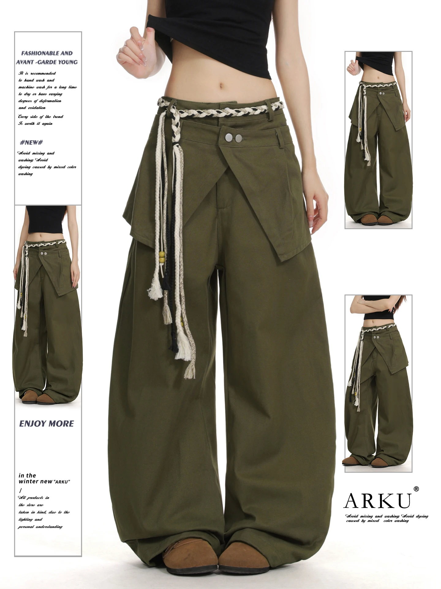 الأمريكية الرجعية نسج حزام الخصر سكين العمل بنطلون المرأة فضفاضة سليم واسعة الساق سراويل تقليدية عادية Sle l الخصر #1