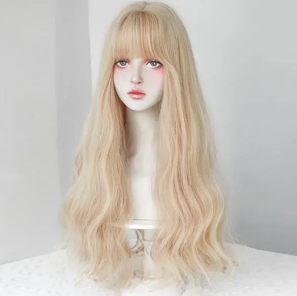 Clothing wig high-density synthetic loose wavy blonde wig for women, heat-resistant light brown wig with neat bangs