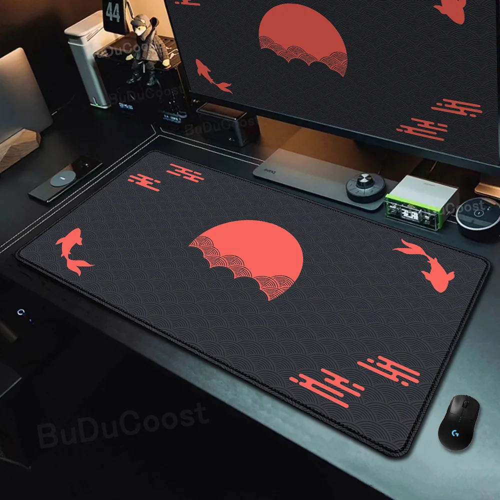 Besar permainan Deskmat karet alam Mousepad hitam & merah karpet Koi ikan matahari awan Jepang Seni segel Sunrise antiselip Keyboard Mouse Pad