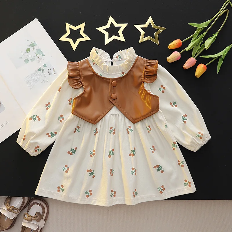 Baby Dress Spring And Autumn Leather Vest Patchwork Skirt Children\'s Printed Princess Skirt Girls\' Casual Long Sleeved Skirt