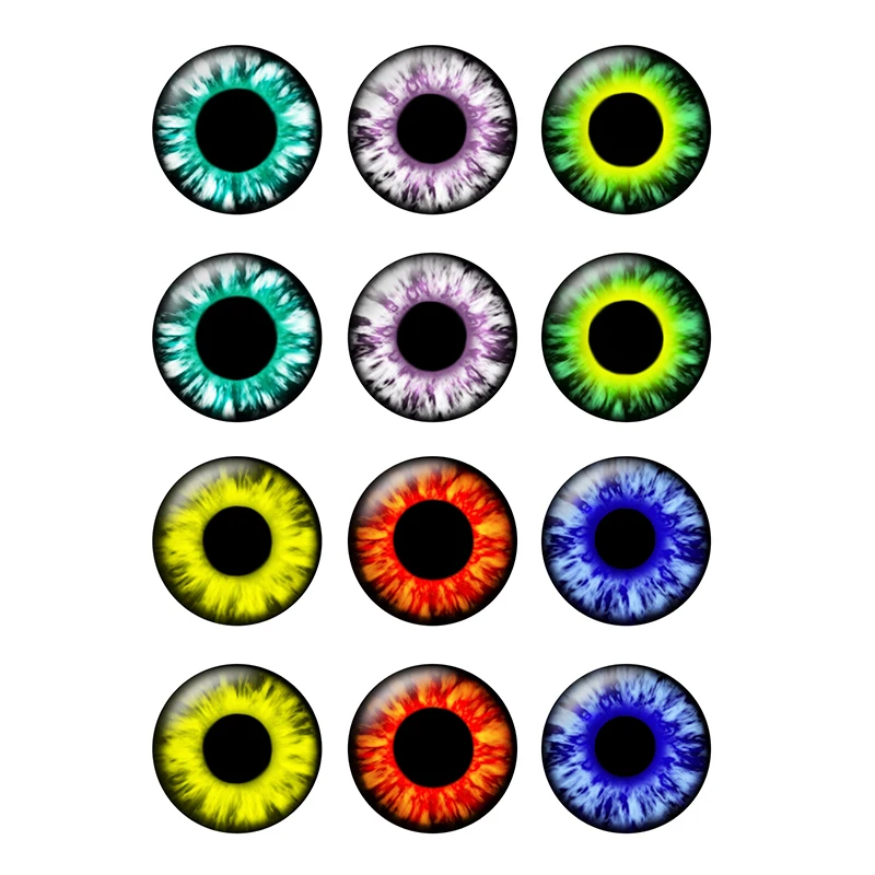 12pcs/lot Colorful Eye Pupil 10mm 12mm 14mm 16mm 18mm 20mm 25mm Round Photo Glass Cabochon Demo Flat Back Making Findings T102