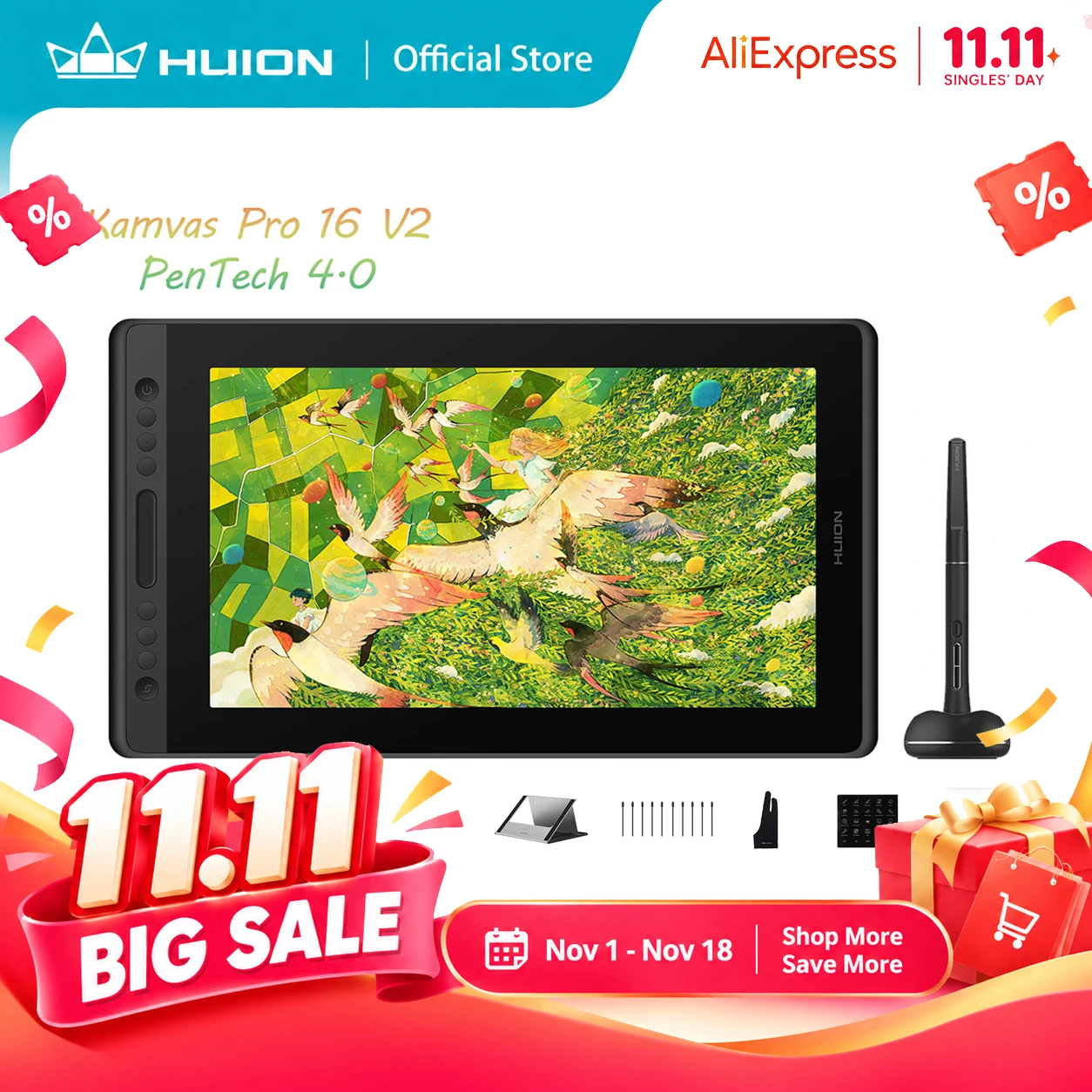 HUION Kamvas Pro 16 V2 Drawing Tablet with Screen 16K Levels PenTech 4.0 Battery-Free Pen Canvas Glass 2.0, 99% SRGB