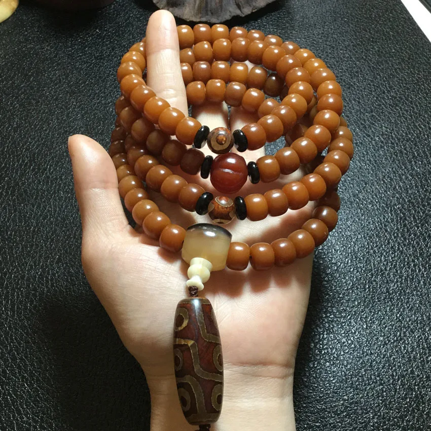 Natural 108 Beads Beeswax Buddhist Buddha Bracelet Meditation Prayer Bead Mala Bracelet Women Men Rosary Nine-eyed Agate Jewelry