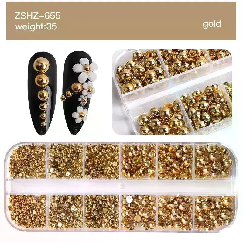 12 griglie miste di perle semicircolari in oro e argento, ciondoli per unghie, decorazioni per unghie, manicure, accessori per salone di bellezza