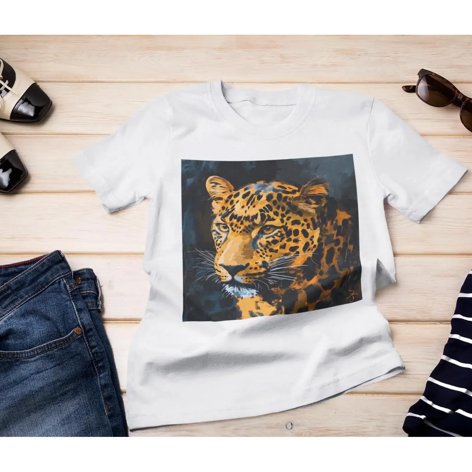 Fierce Leopard Face T Shirt Bold Wild Animal Print Design Cheetah Sunprint Jungle Mowgli vintage Washed Stylish homme