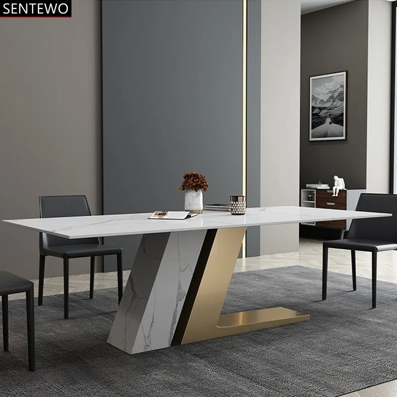 SENTEWO Free Shipping Luxury Marble Dining Table Set with 4 Chairs Nordic Gold Frame Base Kitchen Island Table Mesas De Jantar