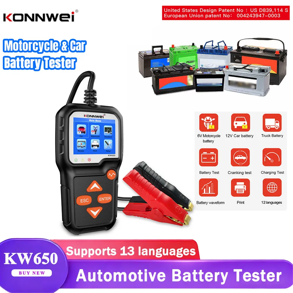 KONNWEI KW650 autó akkumulátor teszter 6V 12V motorkerékpár autó autó analizátor 100-2000 CCA autó motor indítási töltés teszter eszköz