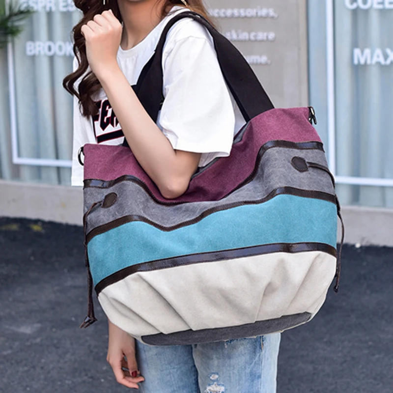 Colorful Stripes Stitching Tote Bag Retro Canvas Single Shoulder Bag Large Capacity Crossbody Bag For Women