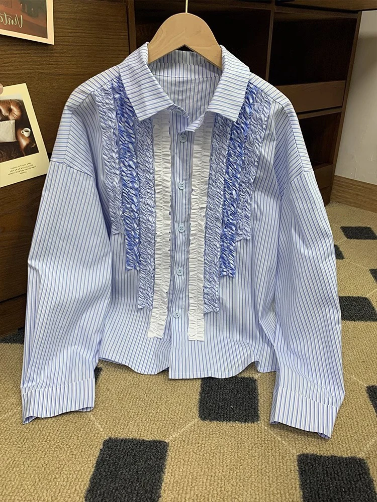 Casual Sle Loose Fit Long Sve rayas azules irt Stand Collar Ne hombres mujeres Primavera Verano Faion ropa de alta gama