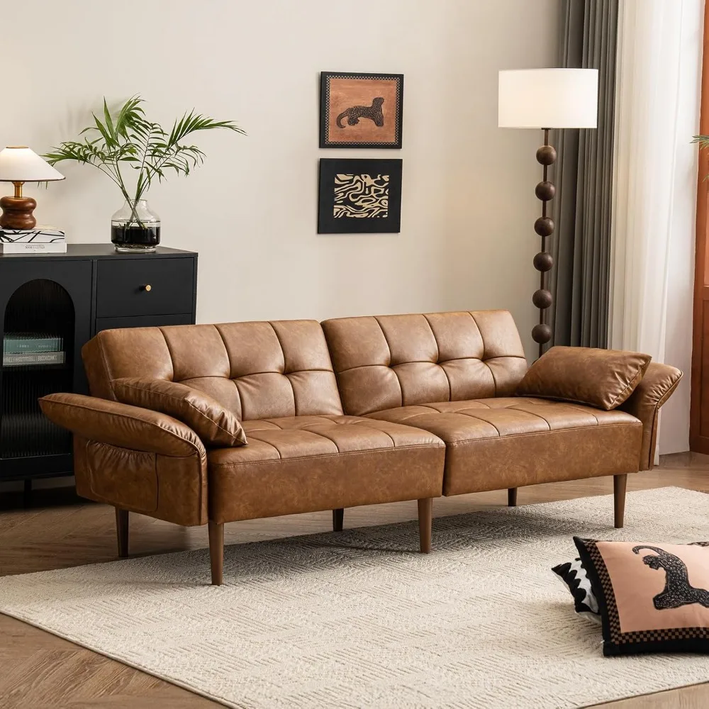 "85" Futon Sofa Bed - Storage & Adjustable Armrests, Faux Leather Mid-Century Sleeper for Small Spaces"