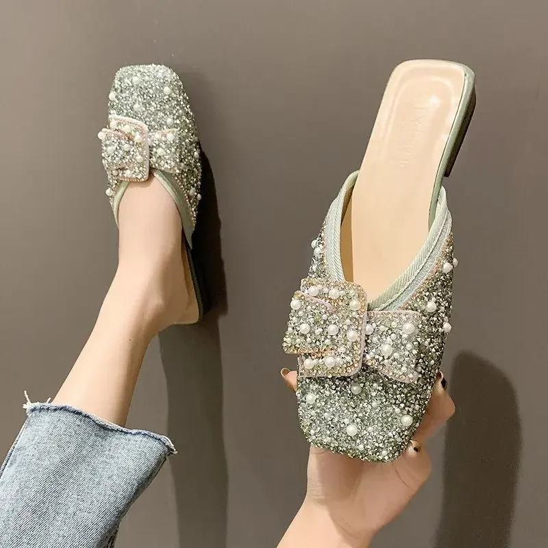 Glitter Elegant Mules Shoes for Women Sandals Fashion Heeled Rhinestone Sequin Slippers Summer New 2024 Flat Slipper Comfortable