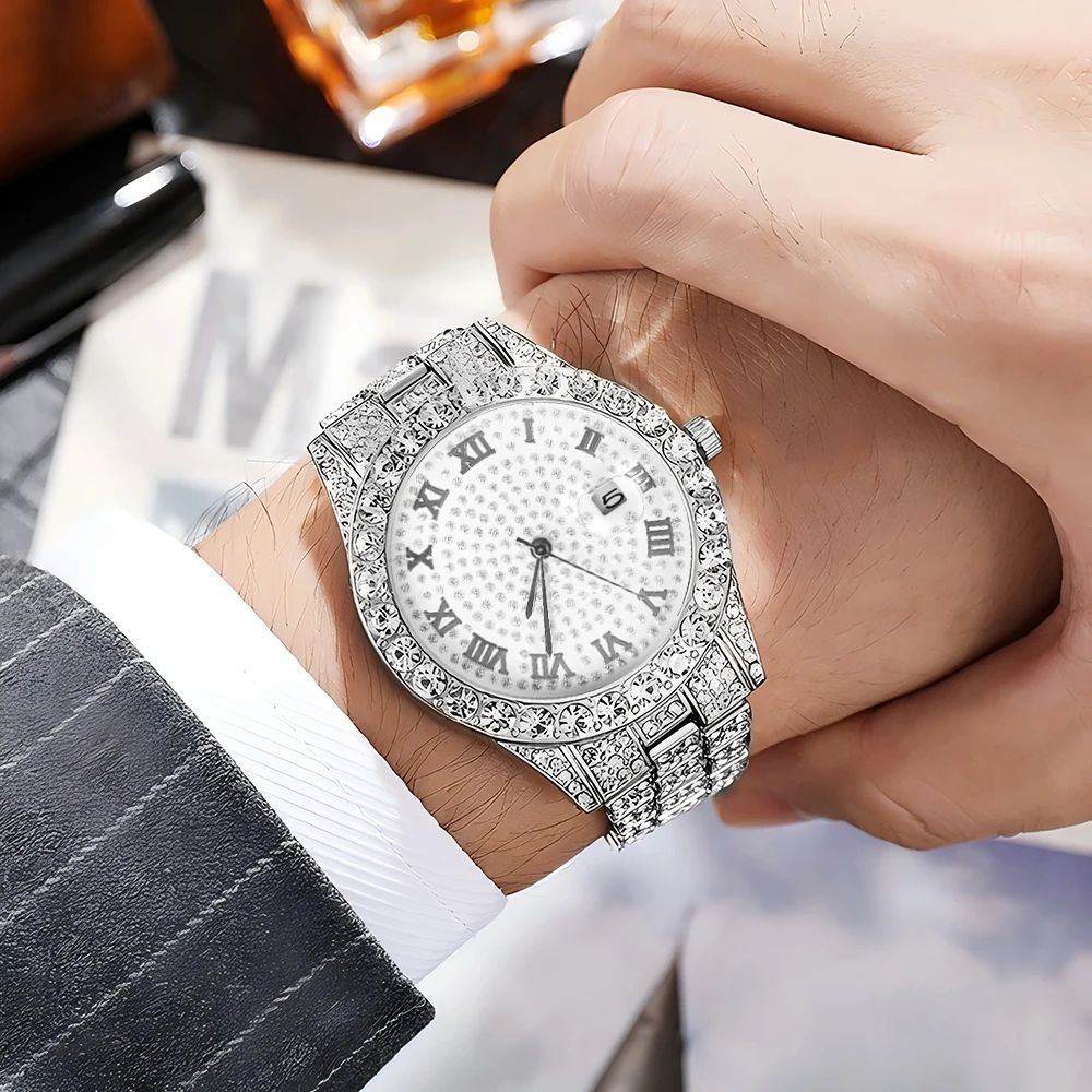 ساعة كوارتز فضية مرصعة بالألما - مراجعة Jewelry Watches Men وسعره