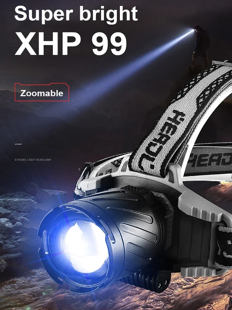 Faro delantero recargable XHP99 de 100000 LM para exteriores, lámpara LED brillante con zoom ajustable de 270 °, 4 modos, uso como linterna