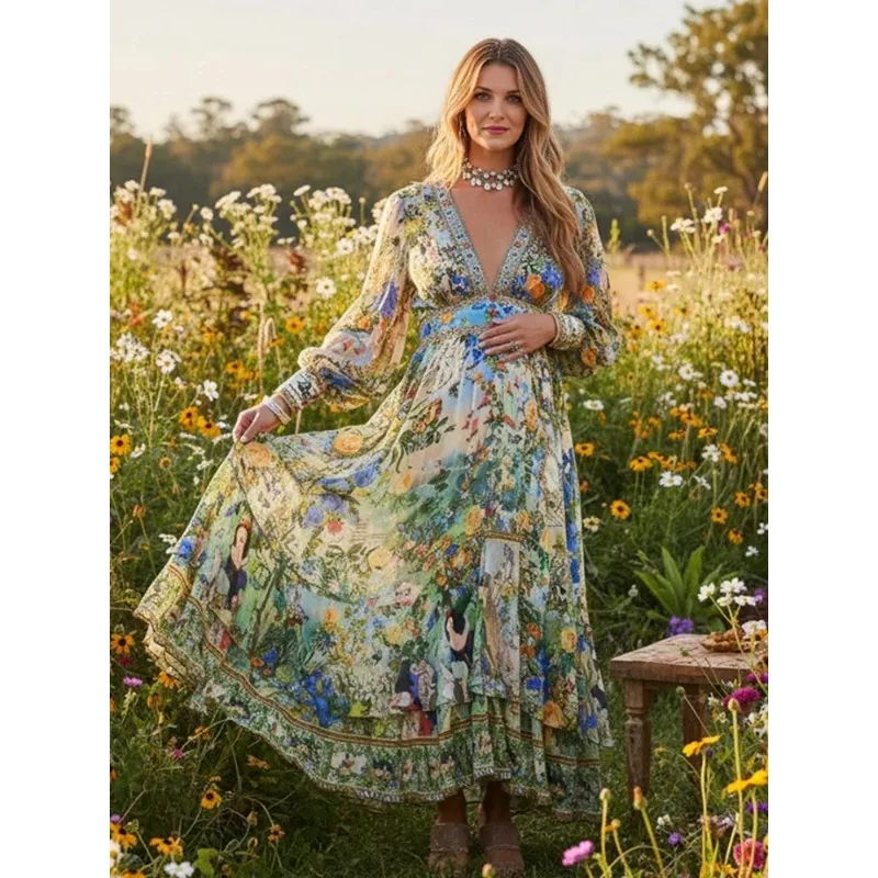 Vintage Blumen-Langarm-Maxikleid für Schwangerschaftsfotoshootings, Babypartys, Geschlechtsenthüllungen, Boho-Fotografie-Outfit