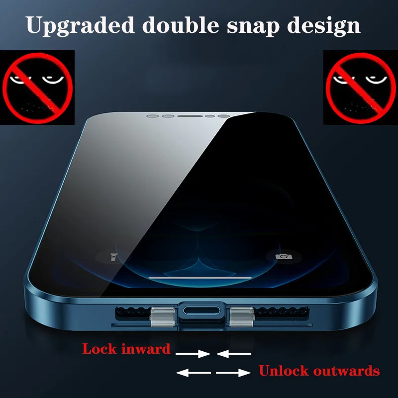 

Anti Peeping Metal Double Sided Glass Case, Lens Protection, Snap Lock Cover, 360 Protection, iPhone 14, 13 12 11 Pro Max 12Mini